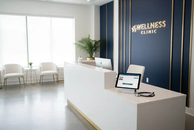 Empfangstresen einer Arztpraxis mit Tablet, auf dem der KI-Telefonassistent Patiententermine bucht
